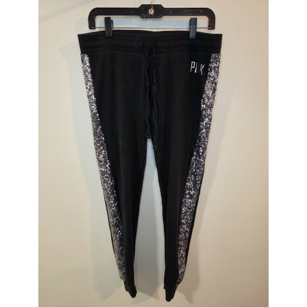 Y2K PINK Victoria's Secret Black Sequin Side Stripe Sweatpants SM Sparkle Glam